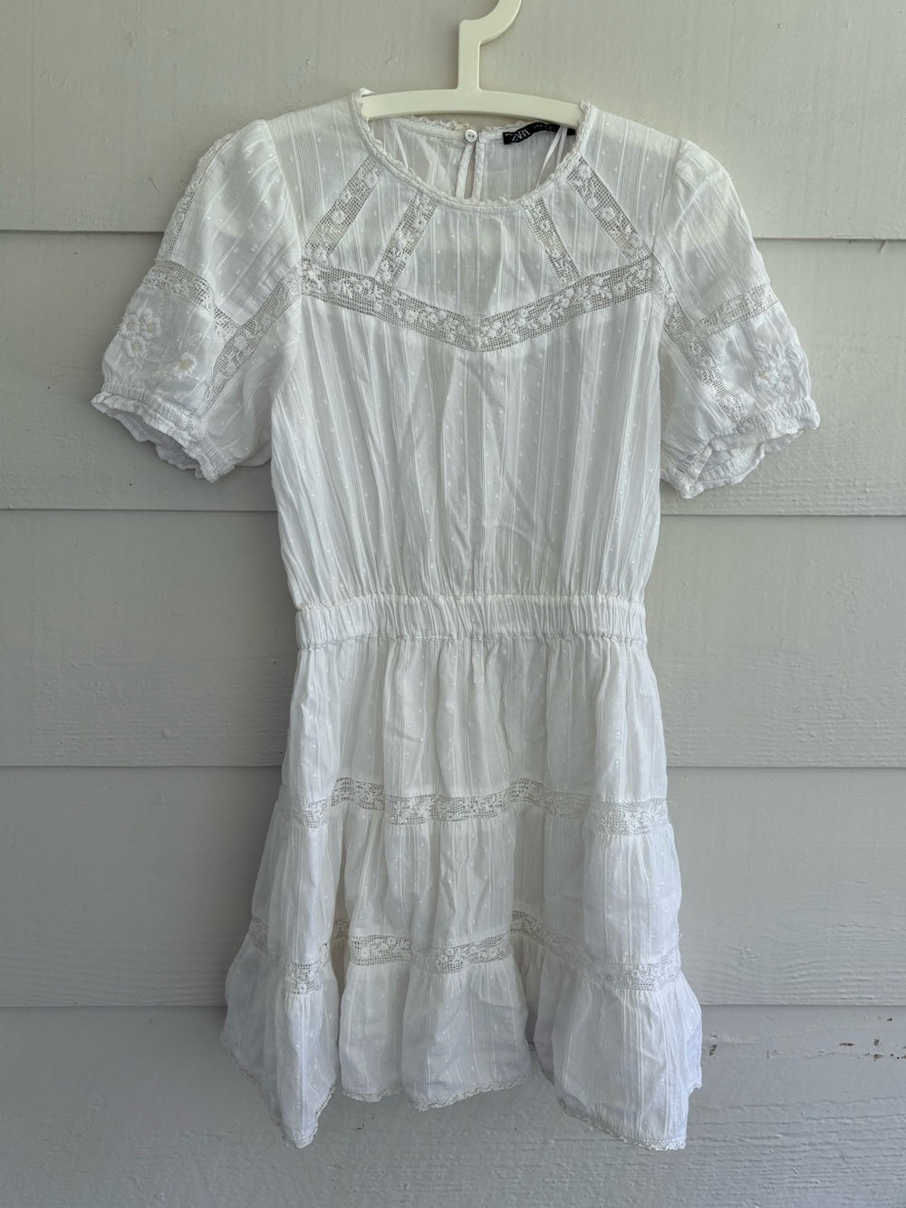Zara White Lace Embroidered Mini Dress Puff Sleeve Cottagecore Size M Boho Fairy - Picture 2 of 8